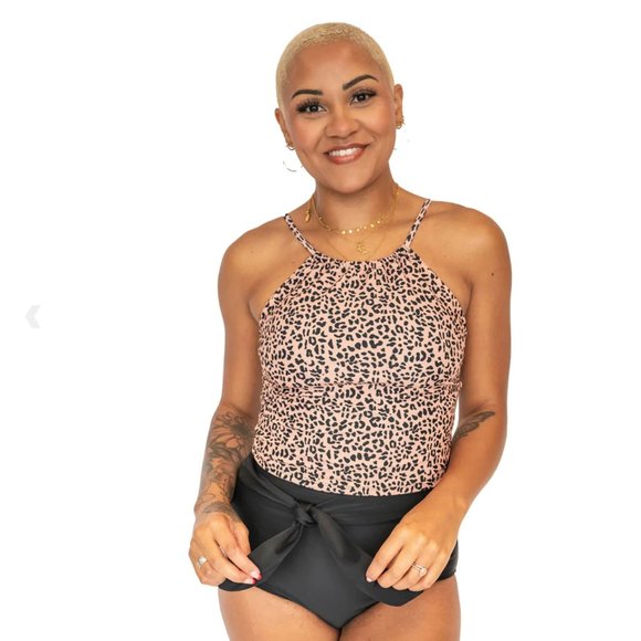 Janela Bay High Neck Tankini Top Vertical Stripe Yellow White Swim - Picture 8 of 9